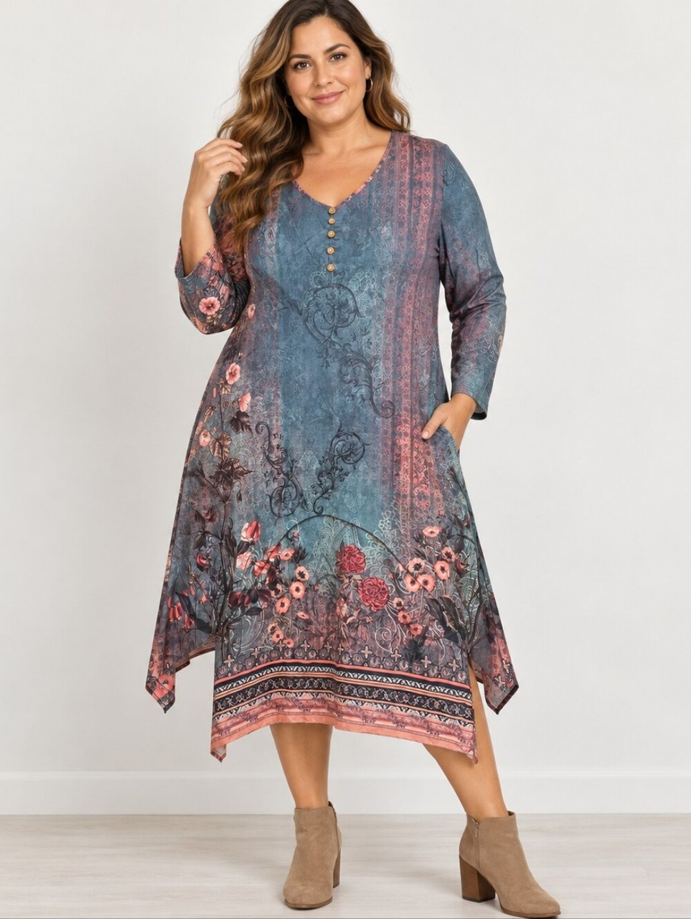 ​Floral Print Asymmetrical Hem Henleys Tunic Dress Teal Mauve 4XL Fits Like 2XL